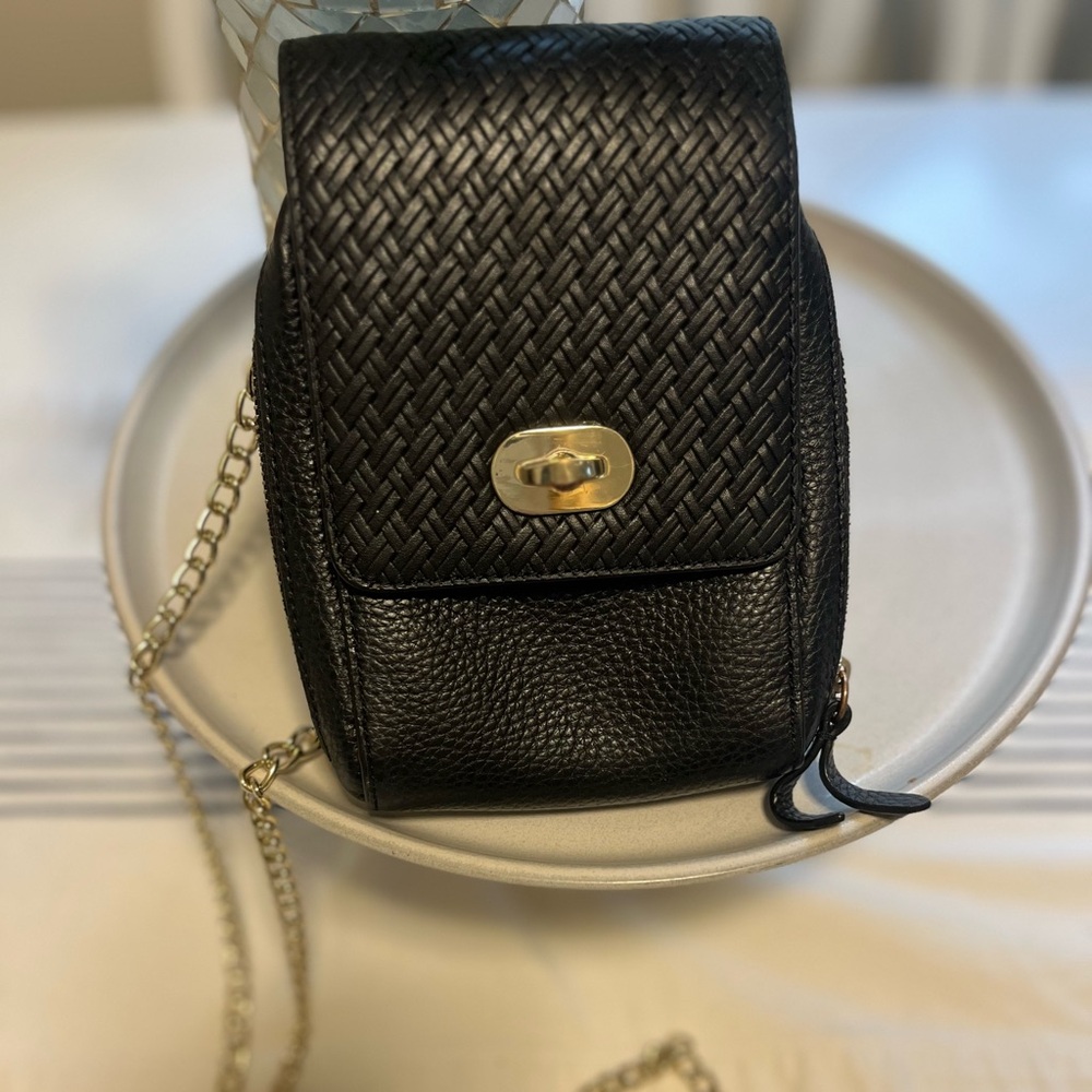 Draper James Black Crossbody Bag with Gold Chain and Diamond Pattern